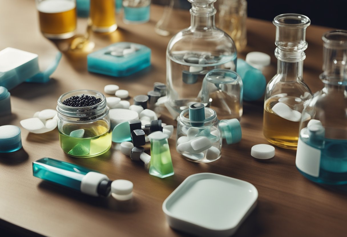 A lab table with scattered drug paraphernalia and chemical ingredients
