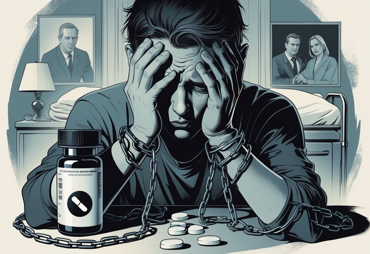 A person looking distressed with a pill bottle nearby, chains around their wrists, a fading family photo, and medical equipment in the background symbolizing the consequences of Oxycontin misuse.