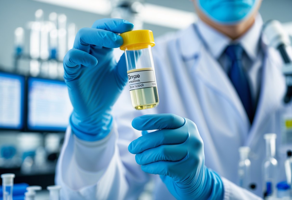 A healthcare professional holding a urine sample container in a laboratory setting with medical equipment in the background.
