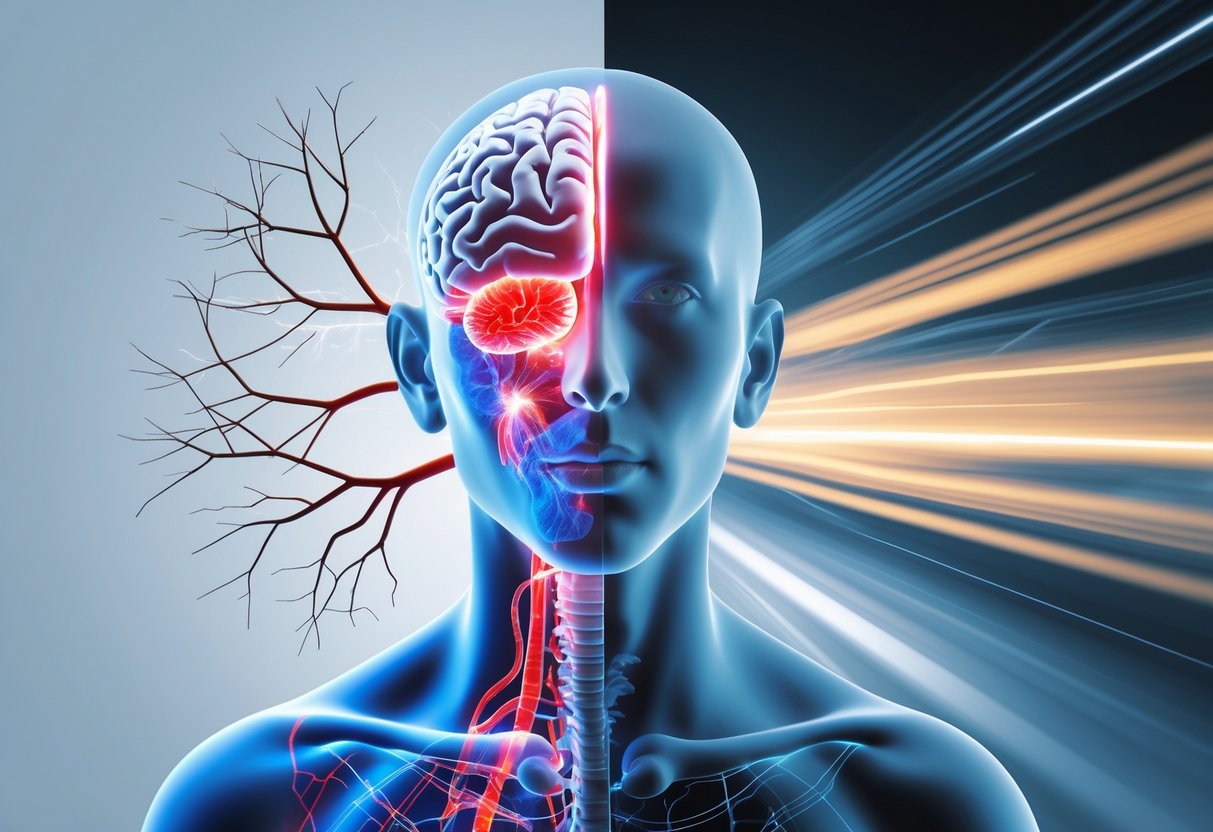 Split image showing a human figure with highlighted brain and nervous system effects on one side and abstract streaks of light representing speed on the other side.