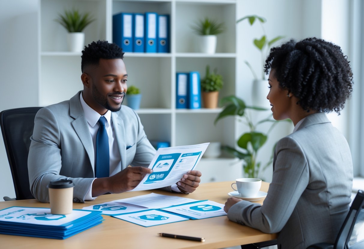 An insurance agent and a client discussing insurance coverage at a desk in a bright office.